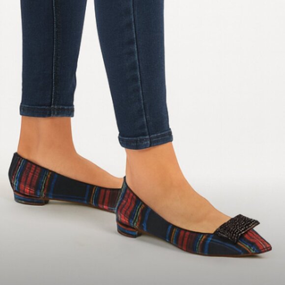 J.Crew SZ 8.5 Pointed-toe flats in Red & Black Tartan Crystal Black Bows NEW - Picture 1 of 8